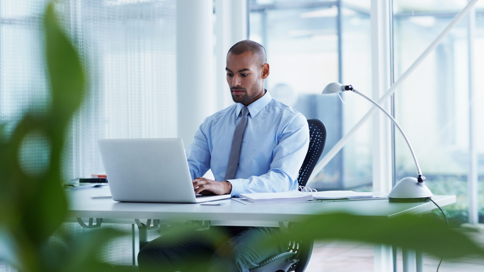 A man in a light blue shirt works on a laptop at a desk, with office documents and a lamp nearby, surrounded by greenery.